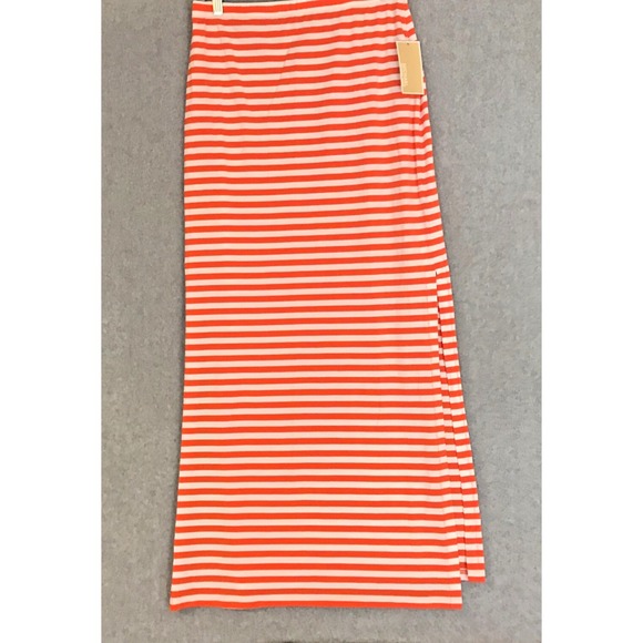 Michael Kors Striped Knit Maxi Skirt Medium Orange White Elastic Waist Slit Side - Picture 1 of 9